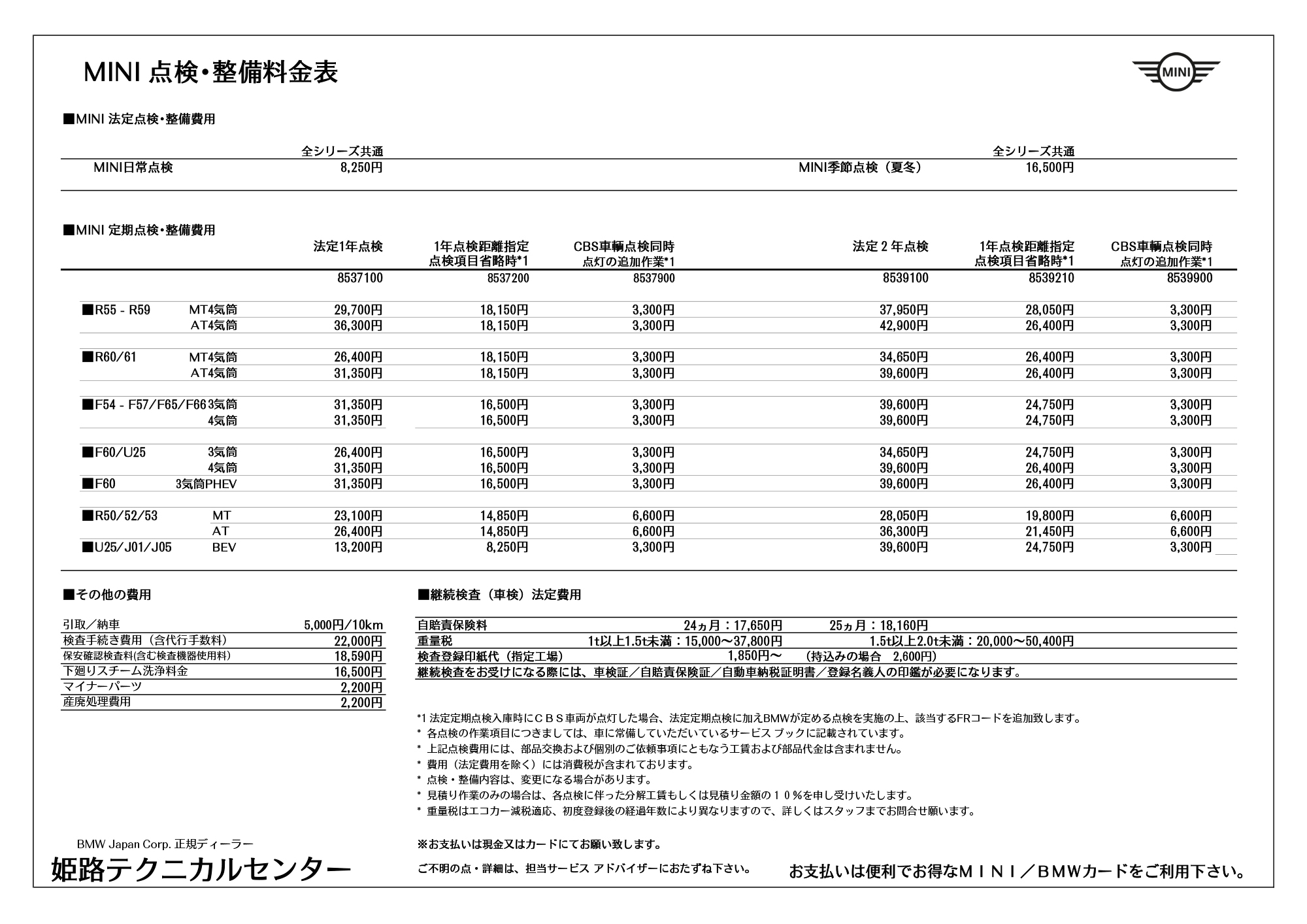 点検整備料金表 | MINI 姫路